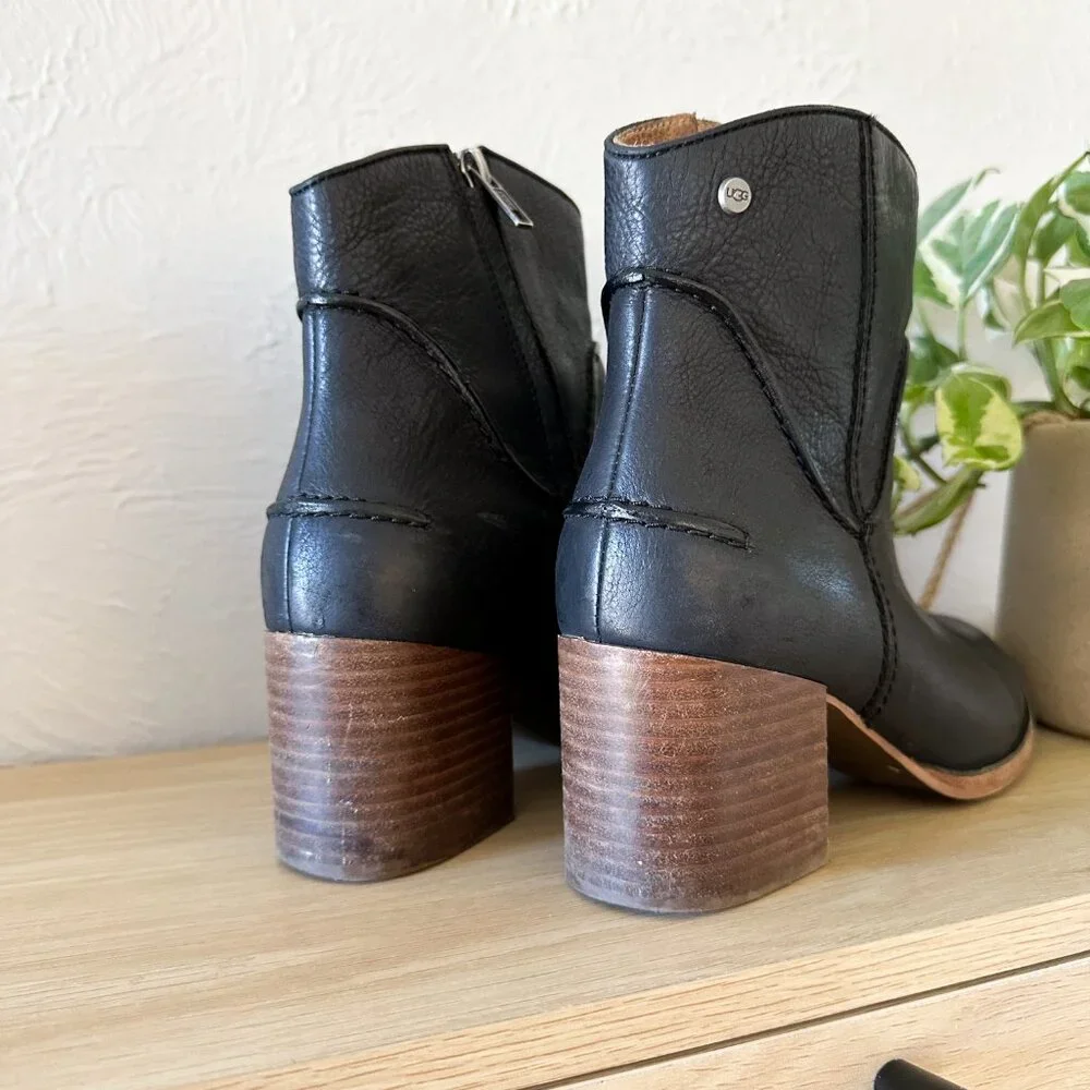 UGG | Annie Leather Ankle Block Heel Boots Black Brown Size 8.5